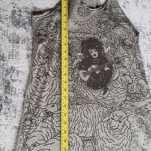 Gray Cotton Raw Edge PEEL Tank Top w Sheep and Guitar Player screen print Design - Picture 7 of 12